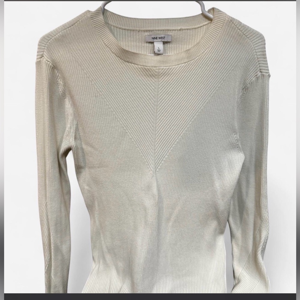 Nine West Cream Ribbed Long Sleeve Crewneck Top